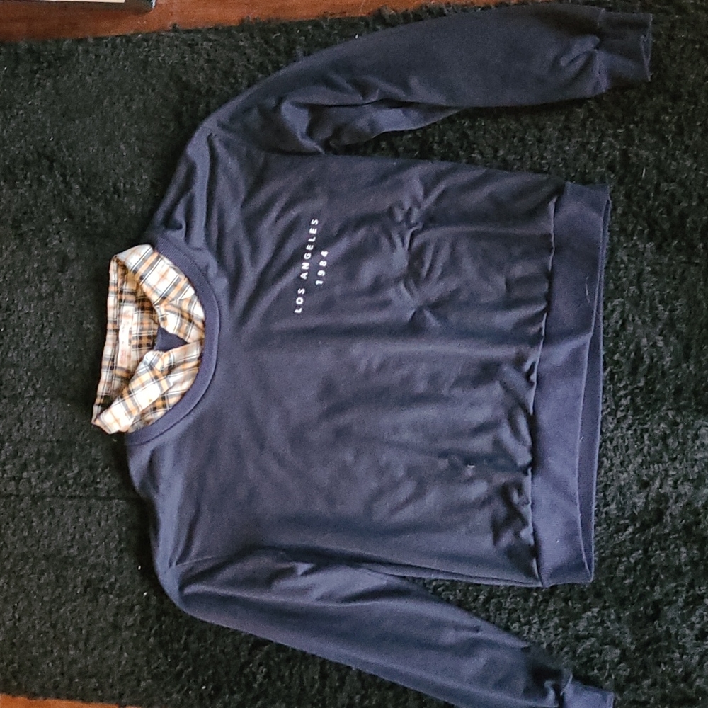 Large navy blue shirt with a checkered collar by Romwe
